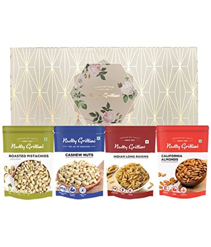     			Nutty Gritties Platinum  Dry Fruits Gift Box 800g - Roasted Salted Almonds, Raw Cashews, Pistachios,Long Raisins (200g Each)