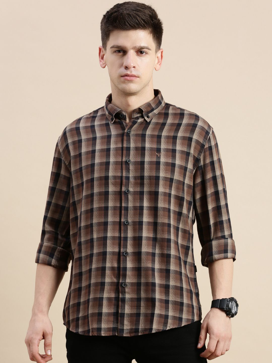     			Showoff Cotton Blend Regular Fit Checks Full Sleeves Men's Casual Shirt - Brown ( Pack of 1 )