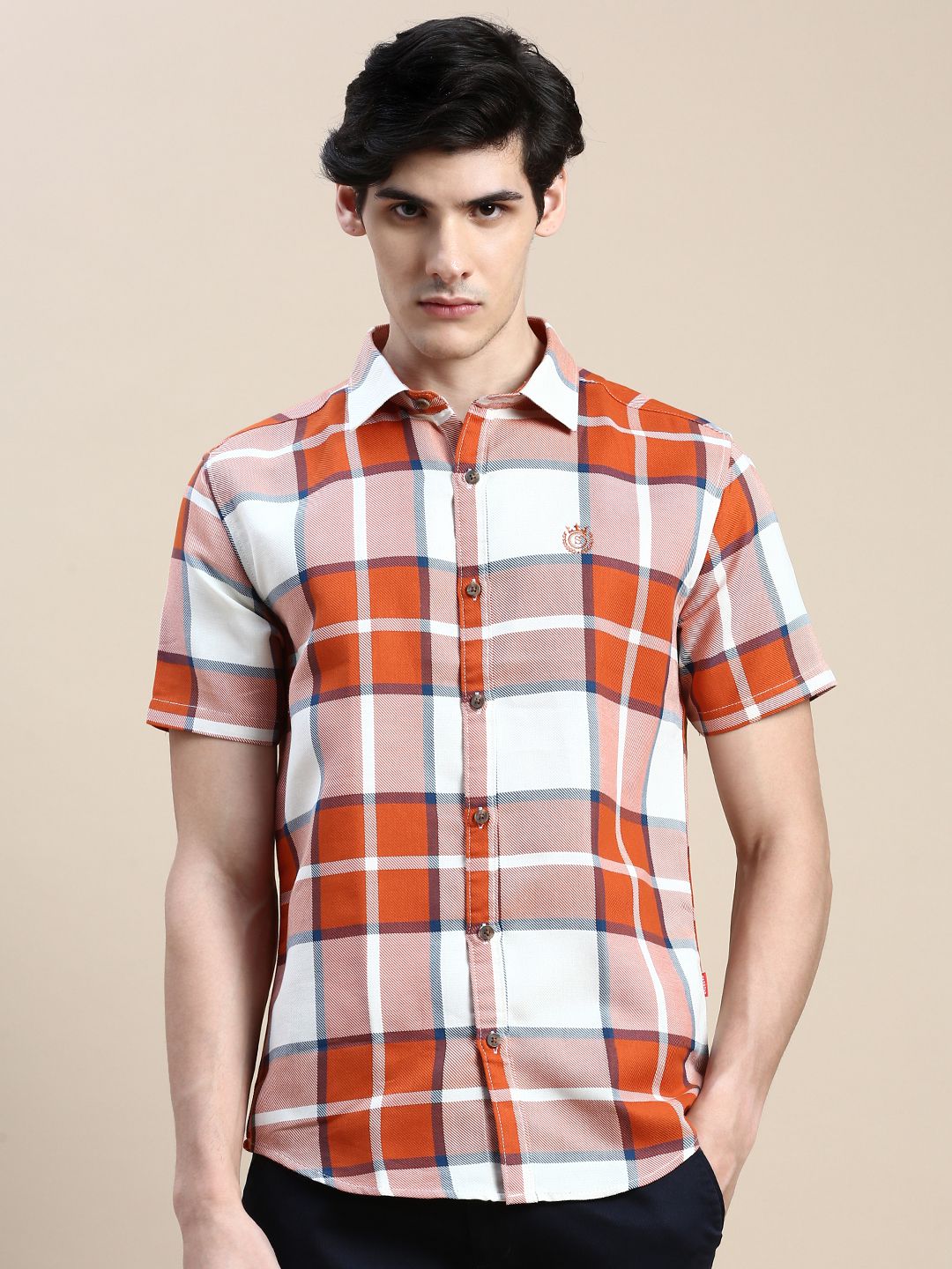    			Showoff Cotton Blend Regular Fit Checks Half Sleeves Men's Casual Shirt - Orange ( Pack of 1 )