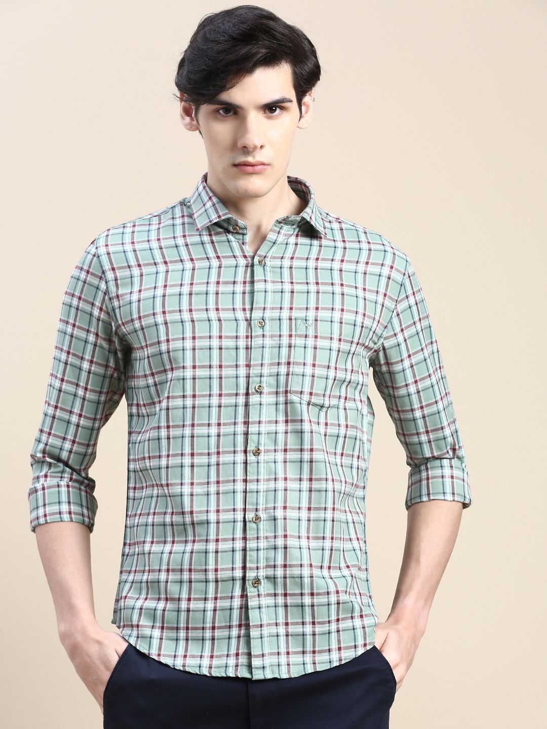     			Showoff Cotton Blend Regular Fit Checks Full Sleeves Men's Casual Shirt - Green ( Pack of 1 )