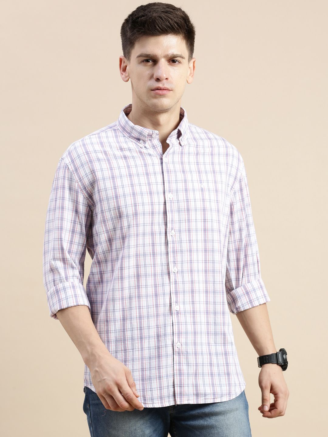     			Showoff Cotton Blend Regular Fit Checks Full Sleeves Men's Casual Shirt - Cream ( Pack of 1 )