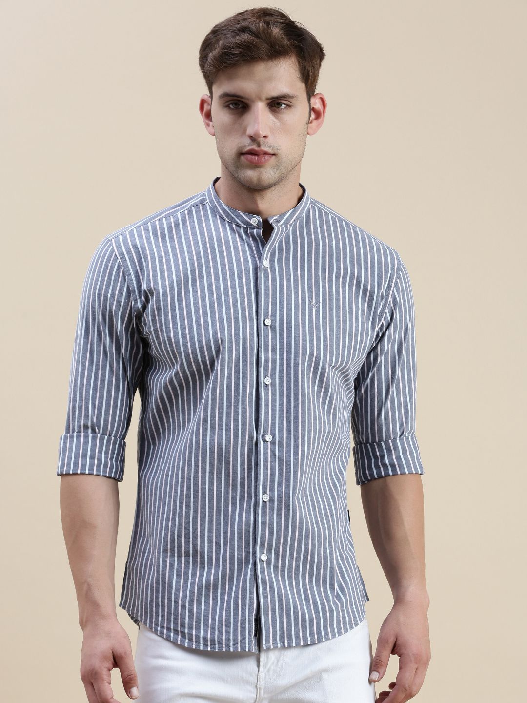     			Showoff Cotton Blend Regular Fit Striped Full Sleeves Men's Casual Shirt - Grey ( Pack of 1 )