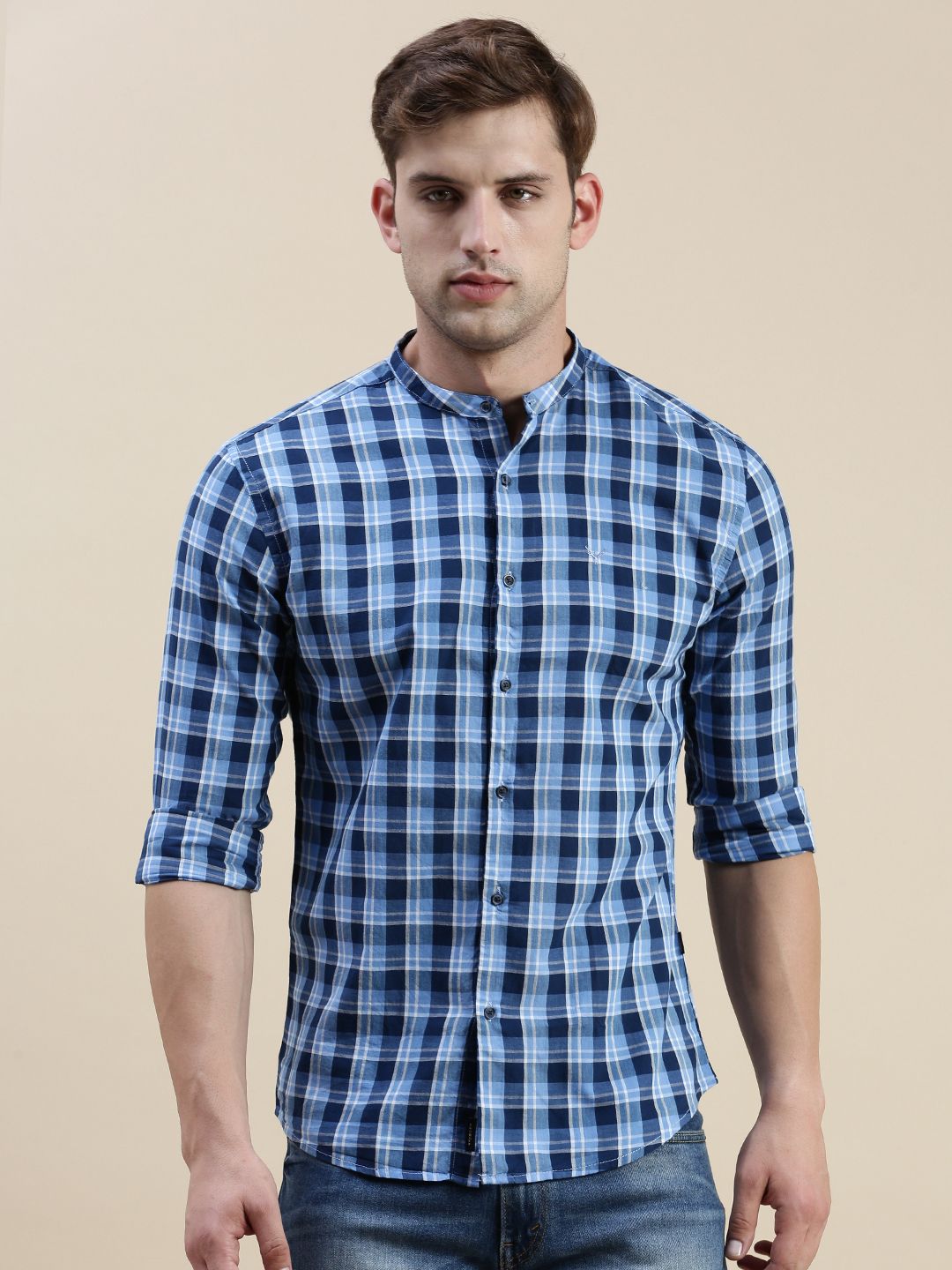     			Showoff Cotton Blend Regular Fit Checks Full Sleeves Men's Casual Shirt - Blue ( Pack of 1 )