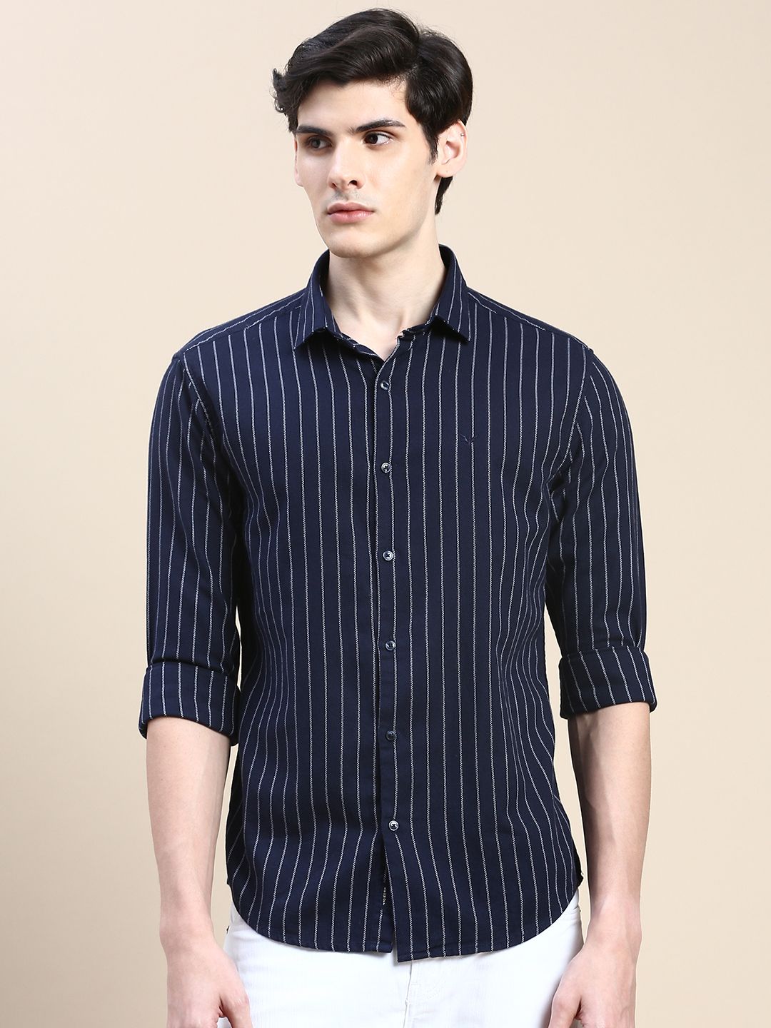     			Showoff Cotton Blend Regular Fit Striped Full Sleeves Men's Casual Shirt - Navy Blue ( Pack of 1 )