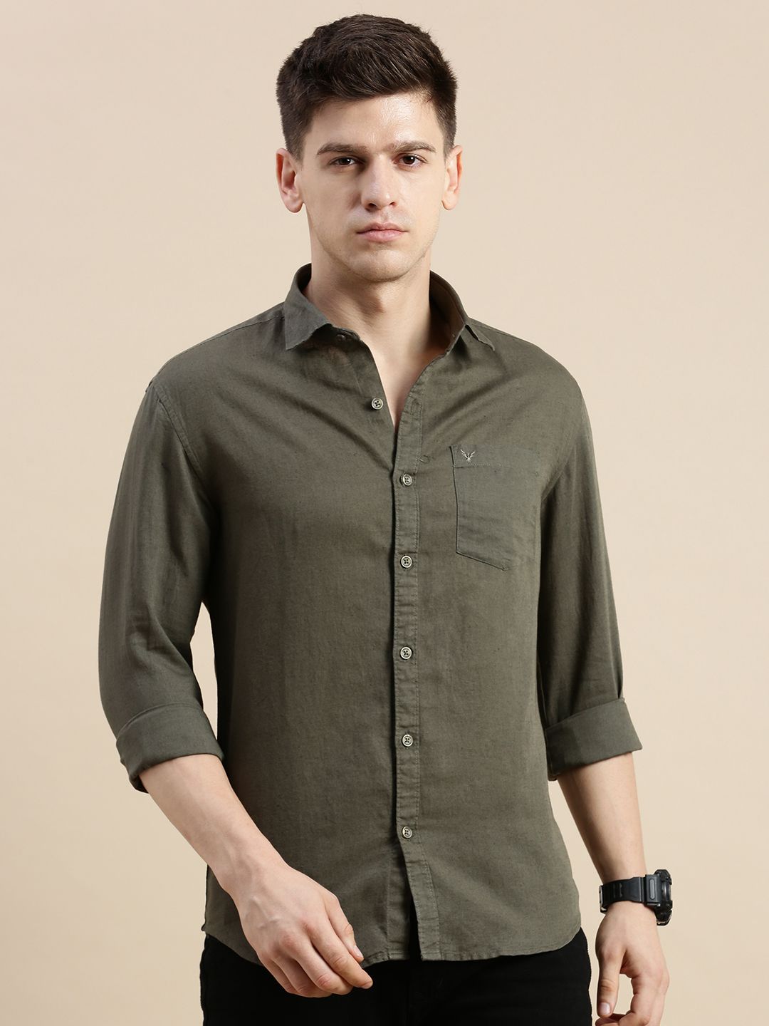     			Showoff Linen Regular Fit Solids Full Sleeves Men's Casual Shirt - Olive ( Pack of 1 )