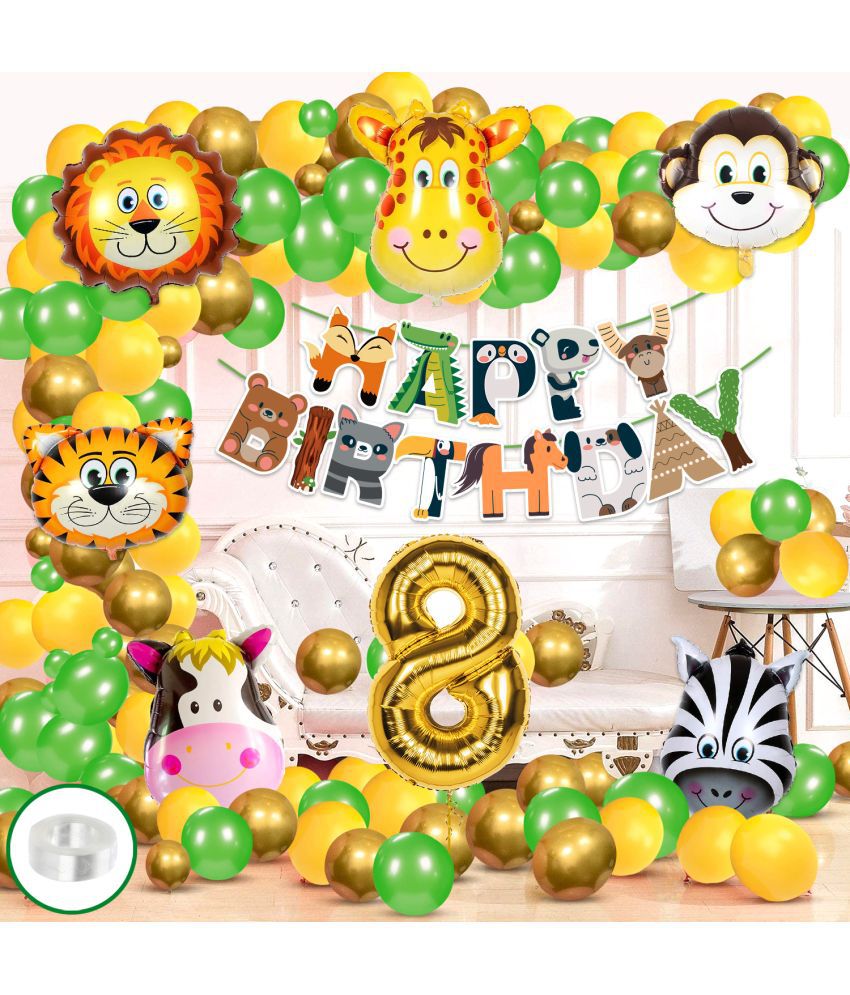    			Zyozi Jungle Safari Birthday Decoration Combo - Birthday Decoration Banner with Balloons, Foil Balloons, No 8 Foil Balloons & Arch (Pack of 84)