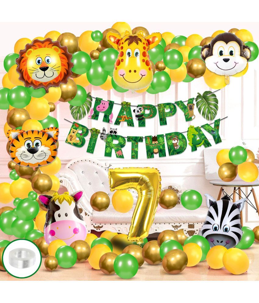     			Zyozi Jungle Safari Birthday Decoration Items - Birthday Decoration Banner with Balloons, Foil Balloons, No 7 Foil Balloons & Arch (Pack of 84)