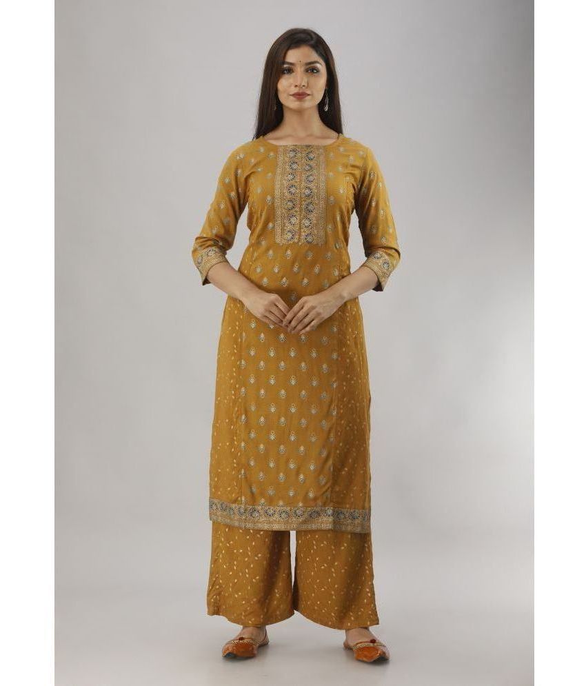     			MAUKA - Gold Straight Rayon Women's Stitched Salwar Suit ( Pack of 1 )