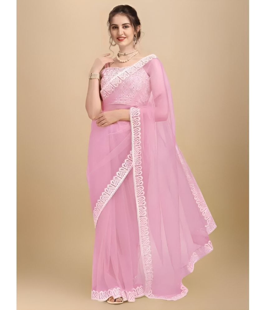     			Rangita Women Solid Embroidered Net Saree with Blouse Piece - Pink