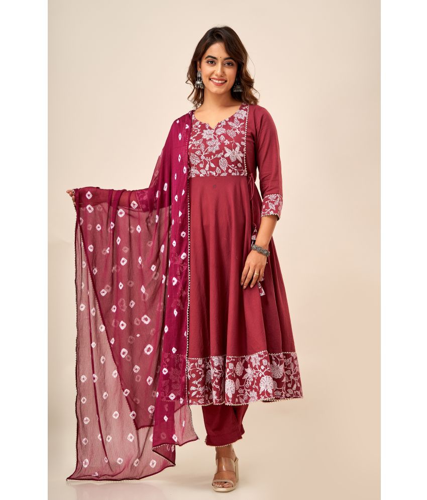     			SVARCHI Cotton Printed Kurti With Pants Women's Stitched Salwar Suit - Maroon ( Pack of 1 )
