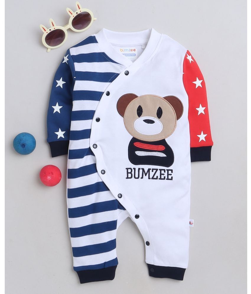     			BUMZEE - White & Blue Cotton Rompers For Baby Boy ( Pack of 1 )