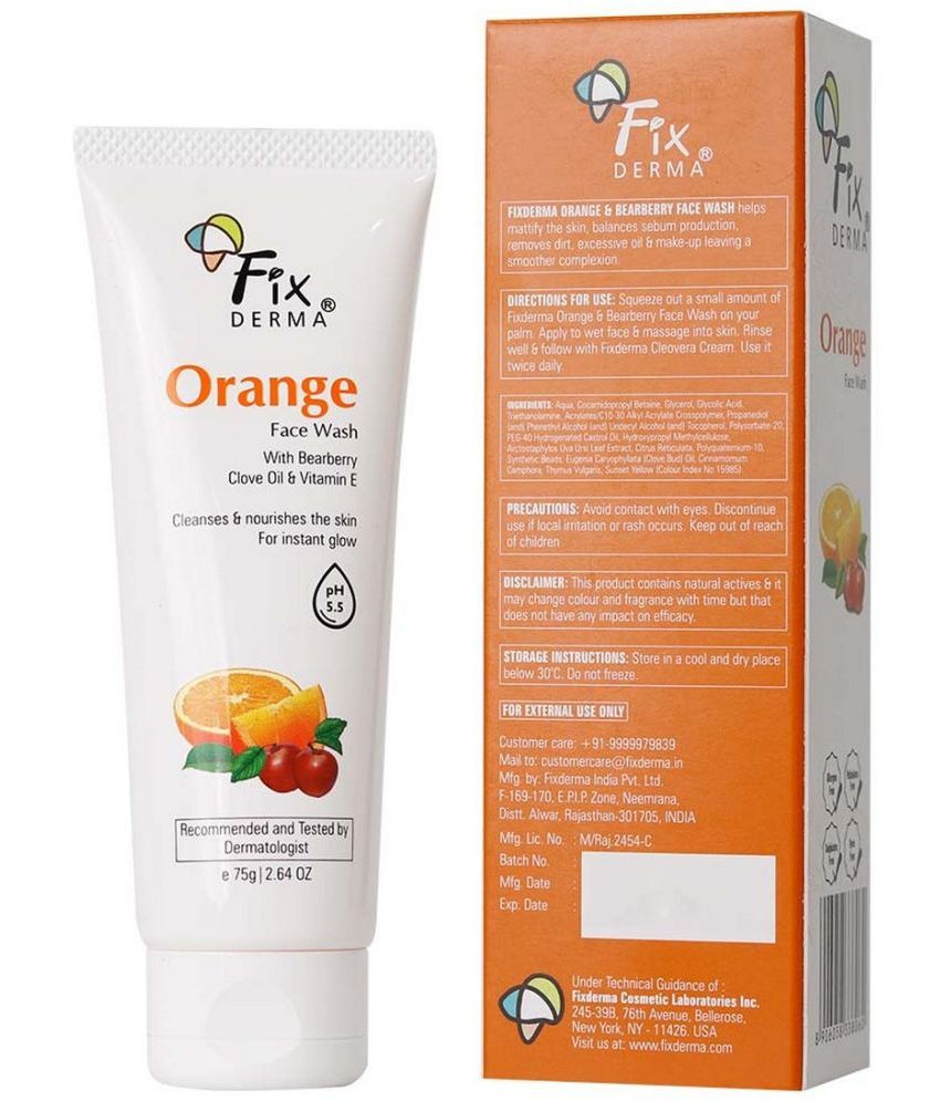    			Fixderma Orange Face Wash with Vitamin E & Bearberry, Tan Removal Face Wash for Oily Skin, 75gm