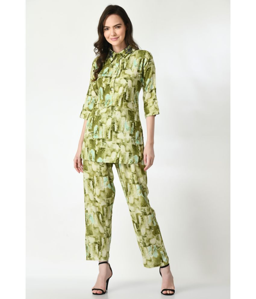     			MAURYA Women's Green Color Co Ord Set Women Abstract Print Shirt Collar 3/4 Sleeve Co Ord Set | Co Ord Women | Cord Set Women | Cod Sets Women | Coords Set Women