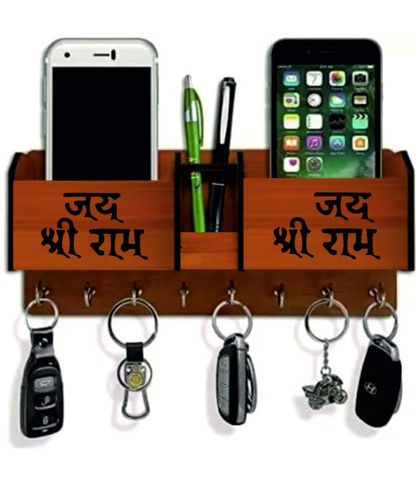     			Big Boss Enterprises Jai Shree Ram with 2 Pocket Mobile Holder, Pen Stand Wood Key Holder Stand (8 Hooks, Brown)