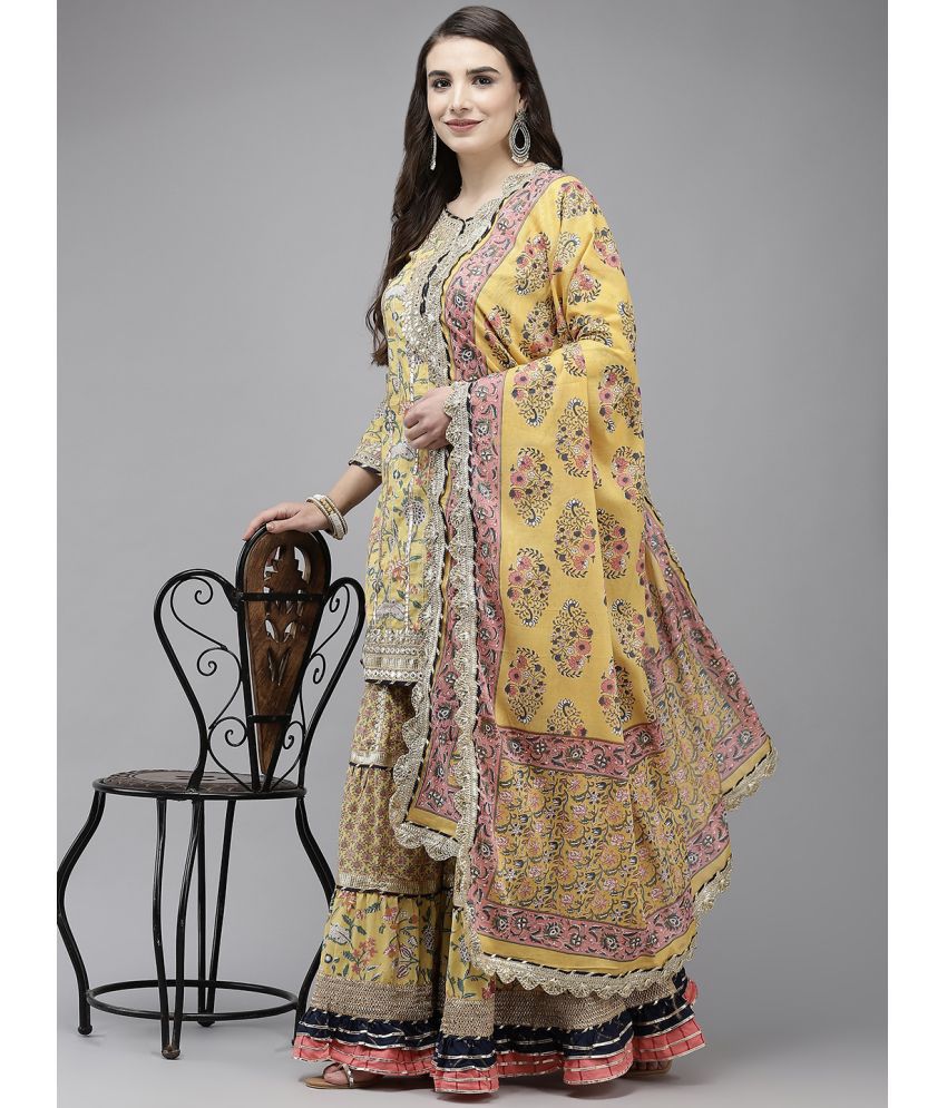     			Ishin Cotton Blend Embroidered Ethnic Top With Pants Women's Stitched Salwar Suit - Yellow ( Pack of 1 )