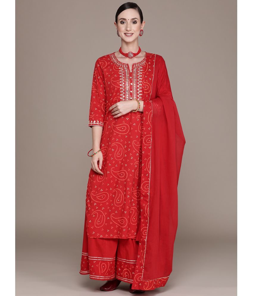     			Ishin Cotton Embroidered Ethnic Top With Pants Women's Stitched Salwar Suit - Red ( Pack of 1 )