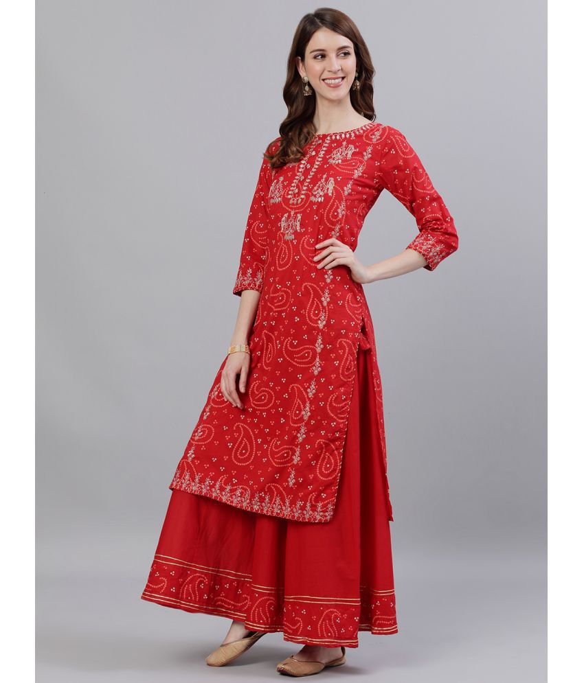     			Ishin Cotton Embroidered Ethnic Top With Pants Women's Stitched Salwar Suit - Red ( Pack of 1 )