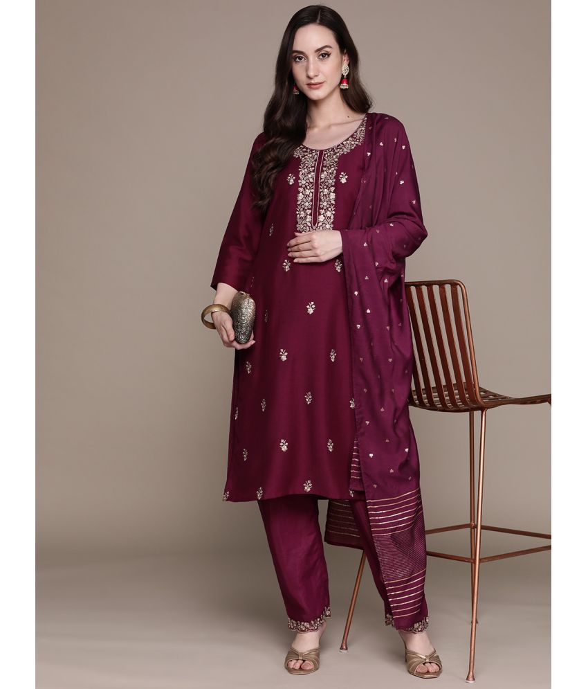     			Ishin Silk Blend Embroidered Ethnic Top With Pants Women's Stitched Salwar Suit - Magenta ( Pack of 1 )