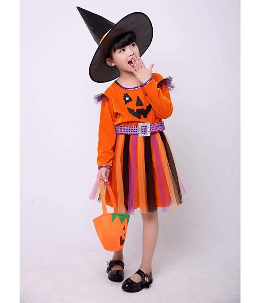     			Kaku Fancy Dresses Halloween Pumpkin Dress with Hat and Candy Basket Halloween Costume for Girls - Orange, 3-4 Years