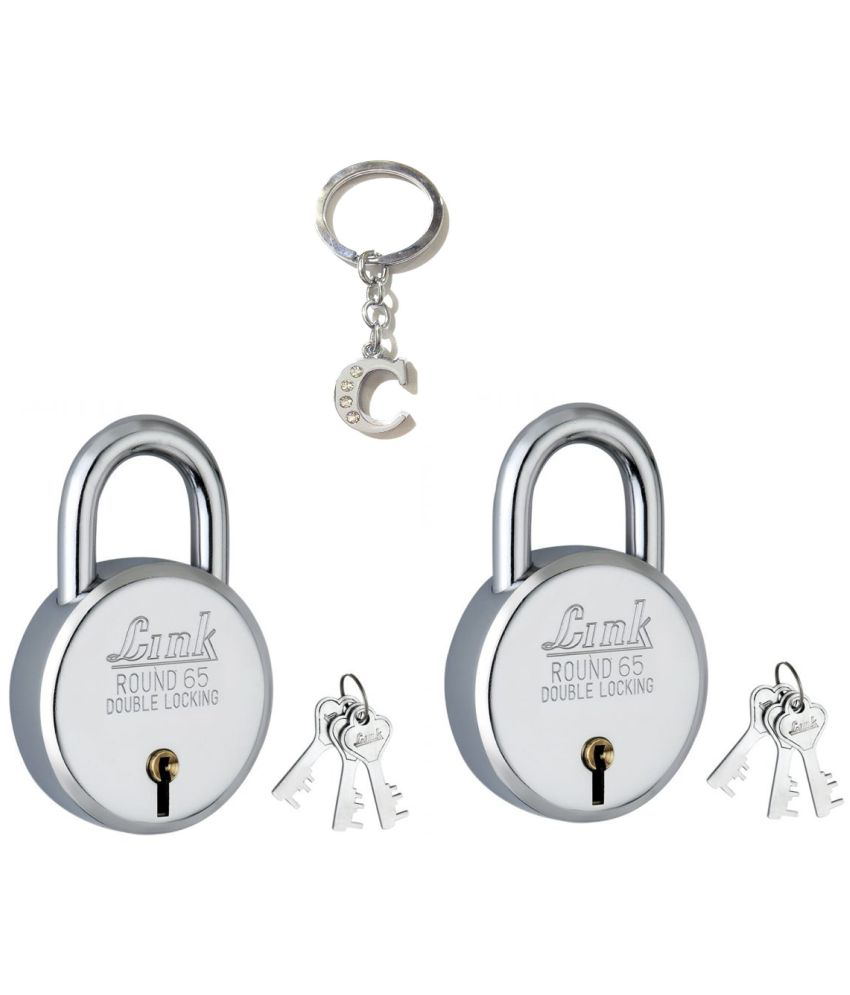     			Link Lock Steel Round 65mm Double Locking with 3 Keys, Keys are not Interchangeable Security Ensured Padlock Pack of 2 with multi alphabet key chain  1 piece