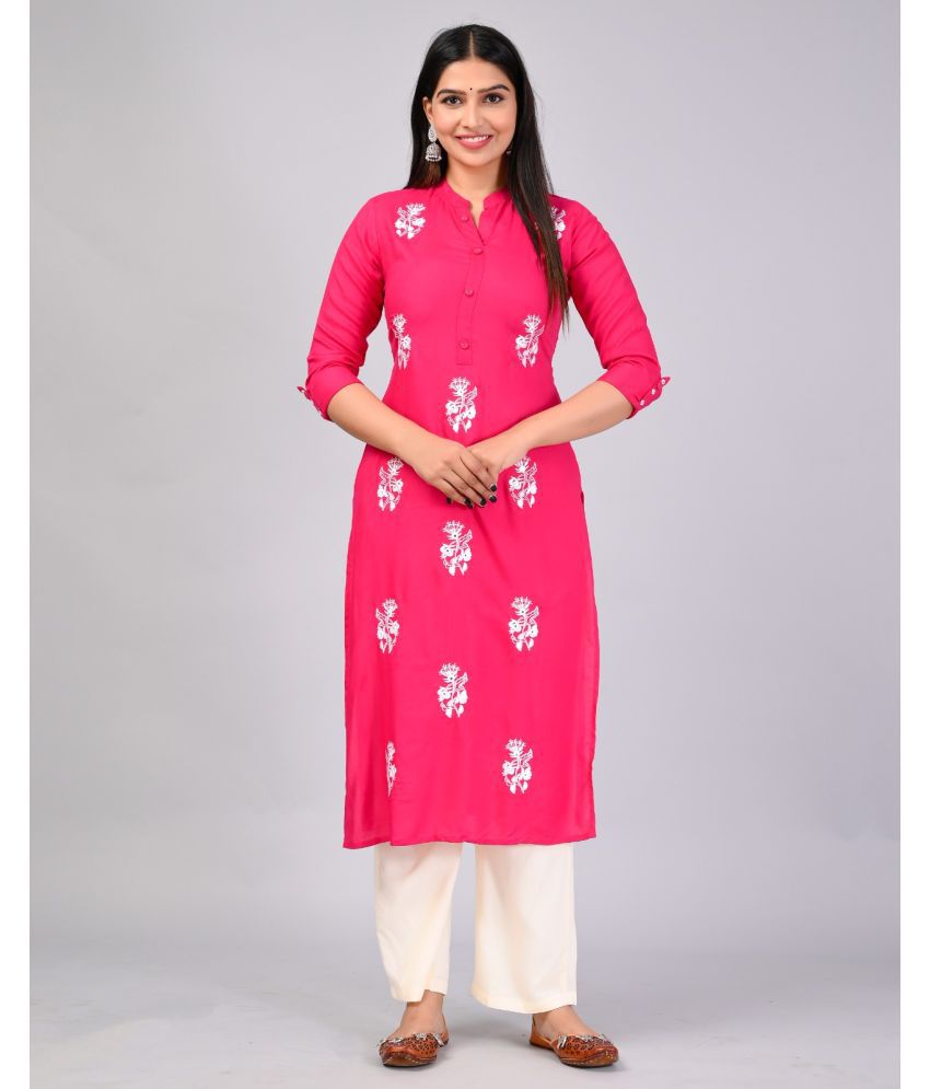     			MAUKA Rayon Embroidered Kurti With Palazzo Women's Stitched Salwar Suit - Pink ( Pack of 1 )