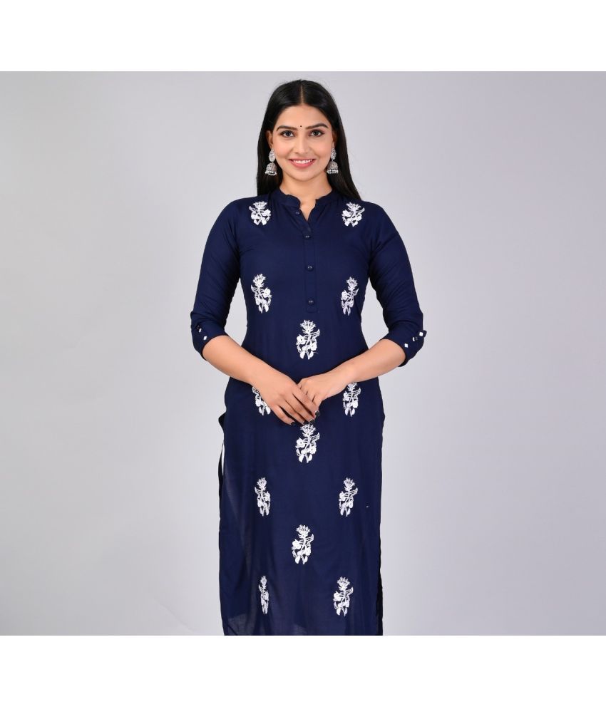     			MAUKA Rayon Embroidered Straight Women's Kurti - Blue ( Pack of 1 )