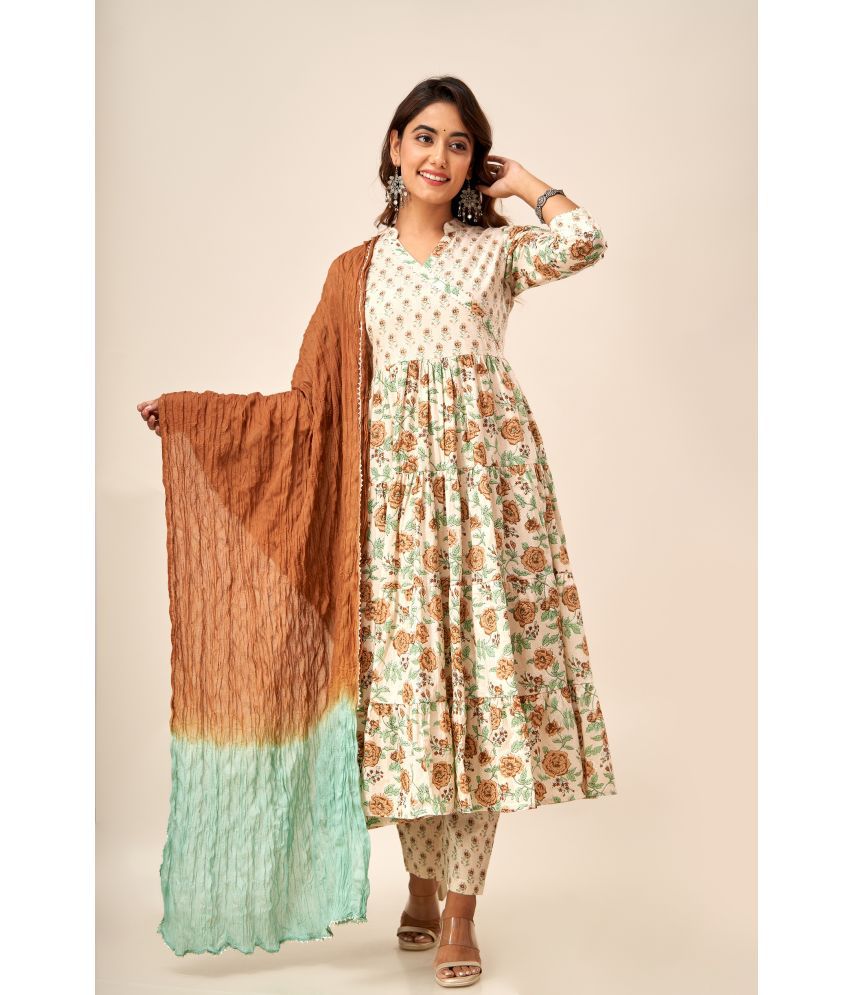     			SVARCHI Cotton Printed Kurti With Pants Women's Stitched Salwar Suit - Beige ( Pack of 1 )
