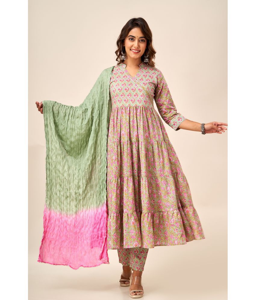     			SVARCHI Cotton Printed Kurti With Pants Women's Stitched Salwar Suit - Green ( Pack of 1 )