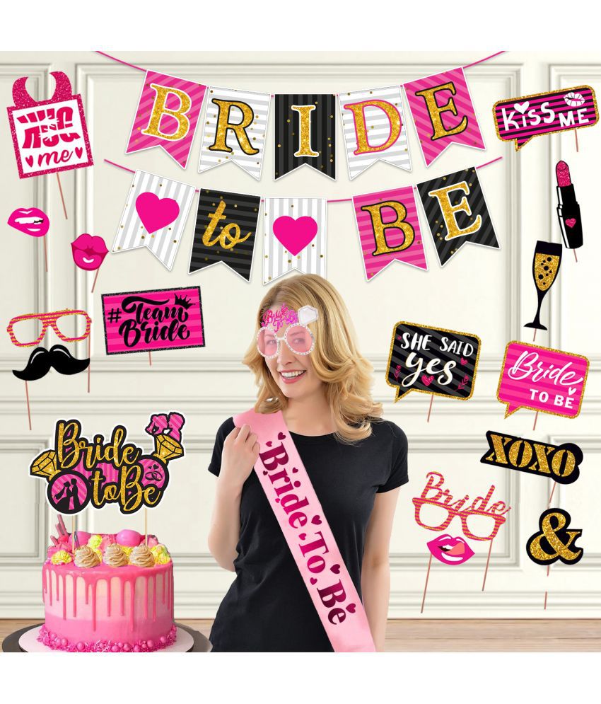    			Zyozi Bachelorette Or Engagement Party Kit - Banner, Bride to be Sash, Cake Topper, Photo Booth & Eye Glass (Pack of 19)