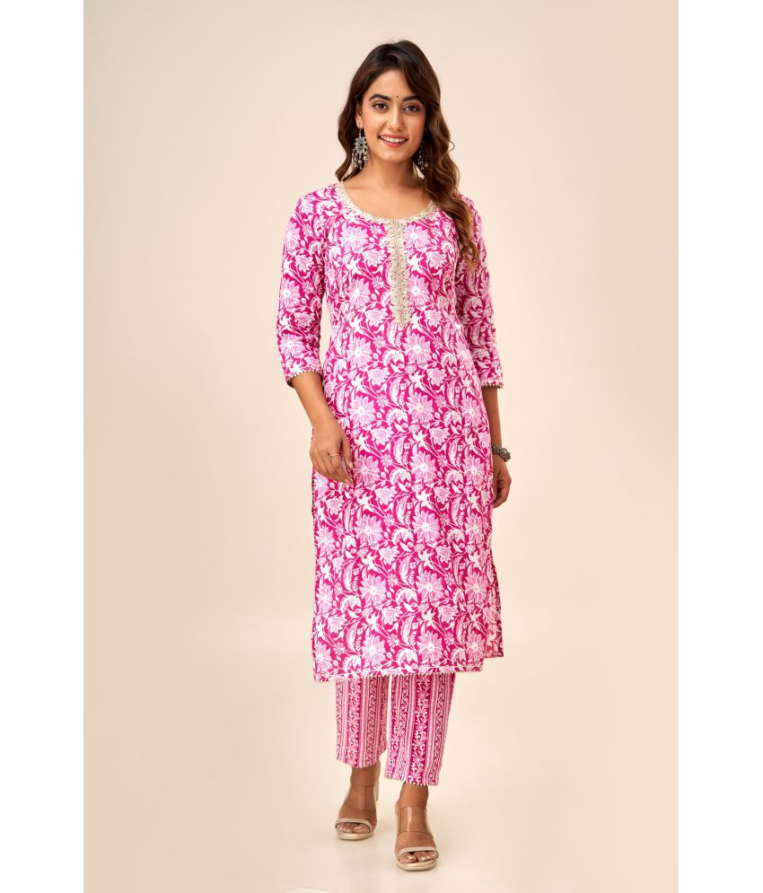     			FabbibaPrints Cotton Printed Kurti With Pants Women's Stitched Salwar Suit - Pink ( Pack of 1 )