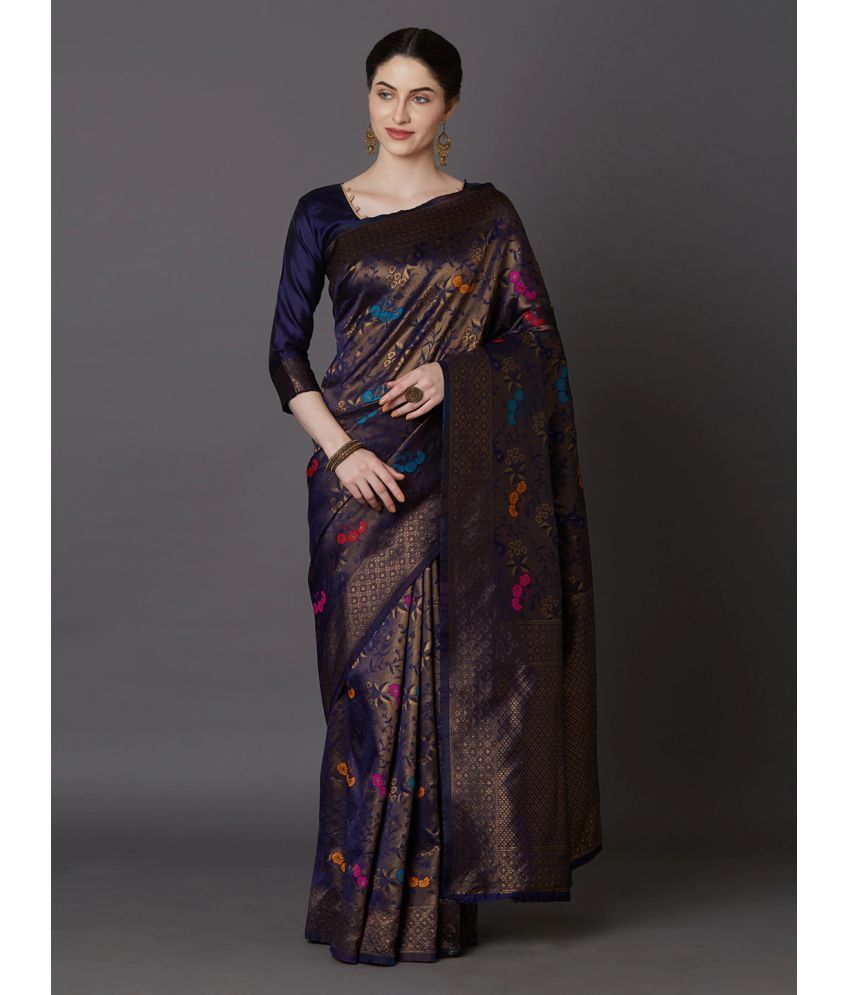     			BLEESBURY Women Zari Work Embellished Banarasi Silk Saree with Blouse Piece - Navy Blue