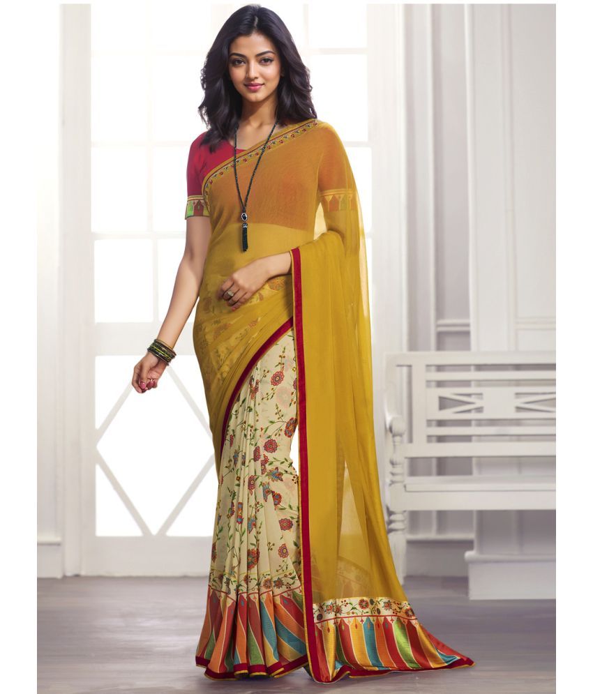     			BLEESBURY Half & Half Printed Georgette Saree With Lace Border & Blouse Piece - Mustard