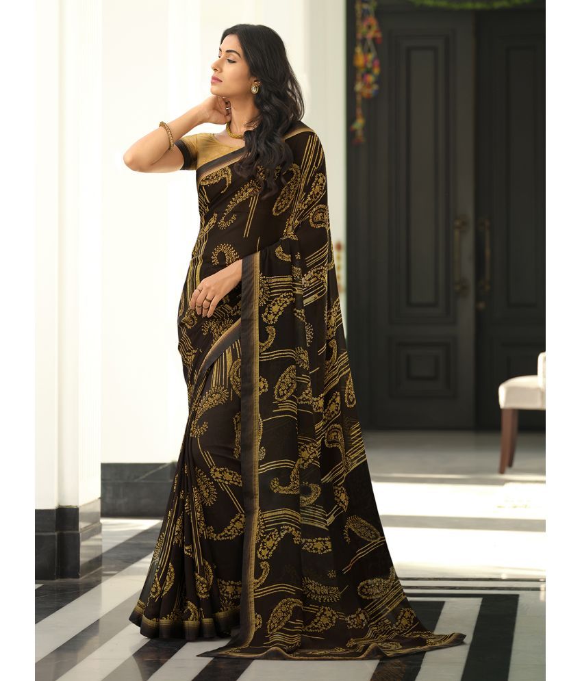     			Rangita Georgette Abstract Printed Saree With Lace Border & Blouse Piece - Coffee