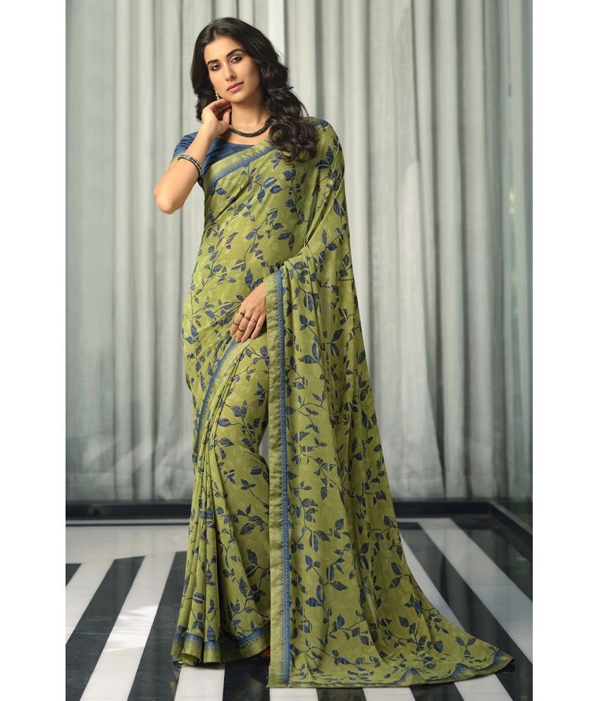     			Rangita Georgette Floral Printed Saree With Lace Border & Blouse Piece - Olive