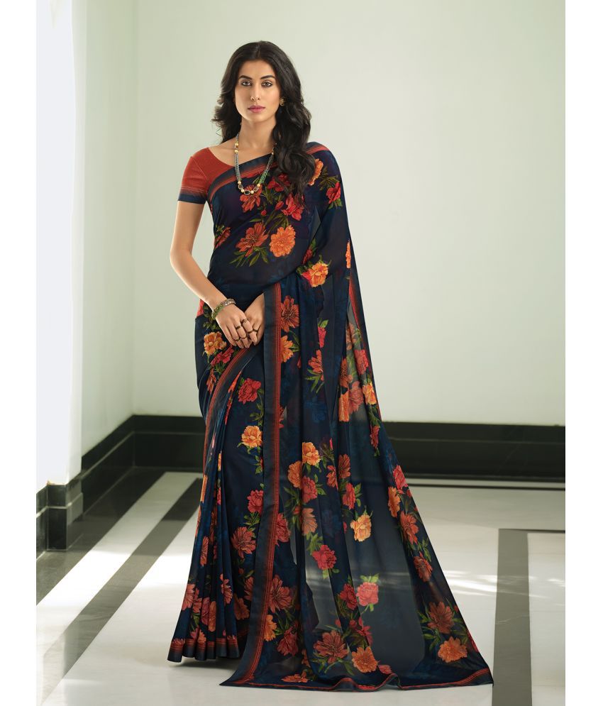     			Rangita Georgette Floral Printed Saree With Lace Border & Blouse Piece - Navy Blue