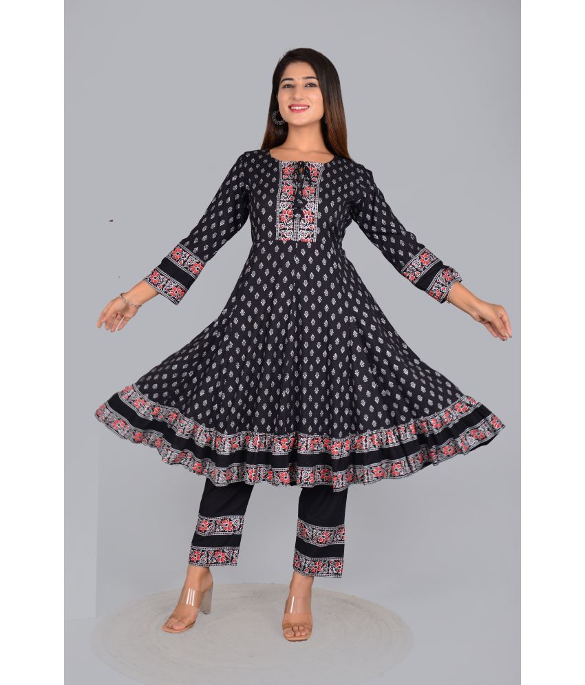     			Smien Rayon Printed Kurti With Pants Women's Stitched Salwar Suit - Black ( Pack of 1 )