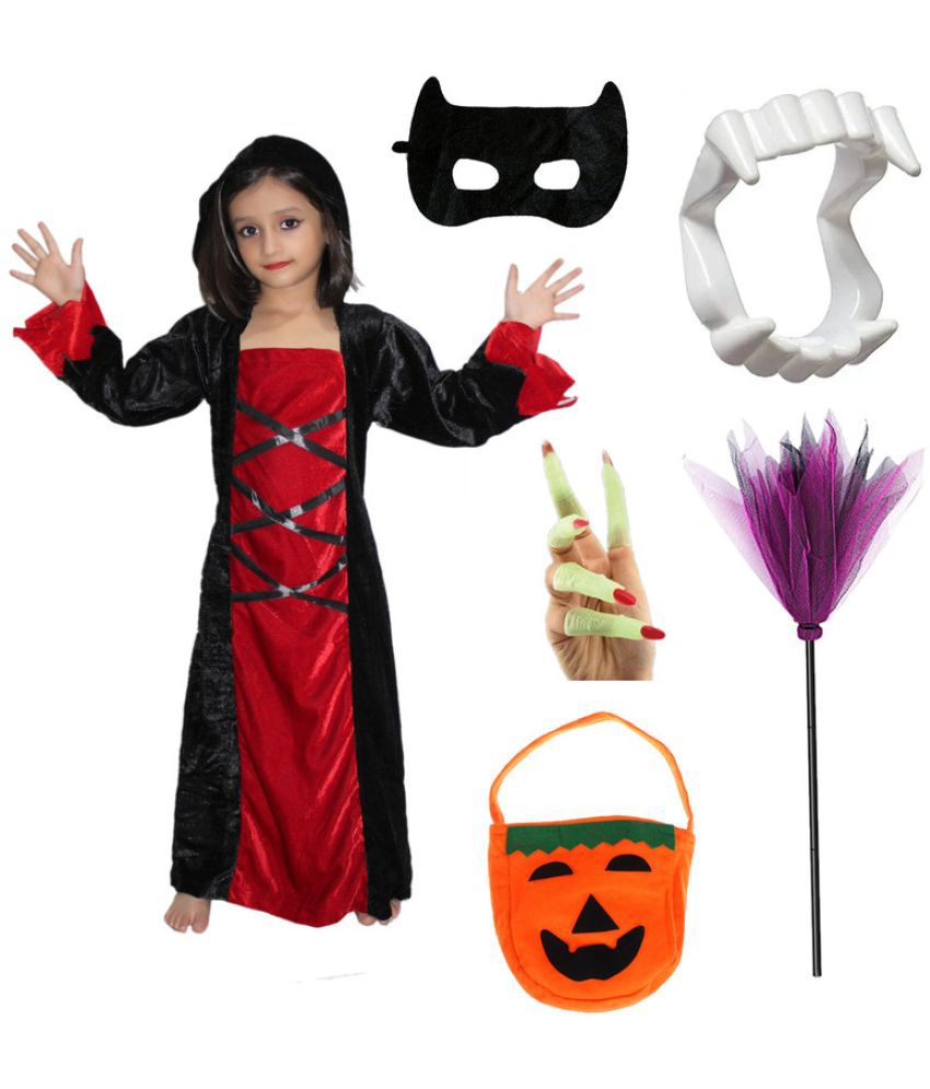     			Kaku Fancy Dresses Halloween Party Red Black Witch Costume Gown With Teeth, Face, Nail & Witch Broom & Pumpkin Bag Set for Kids