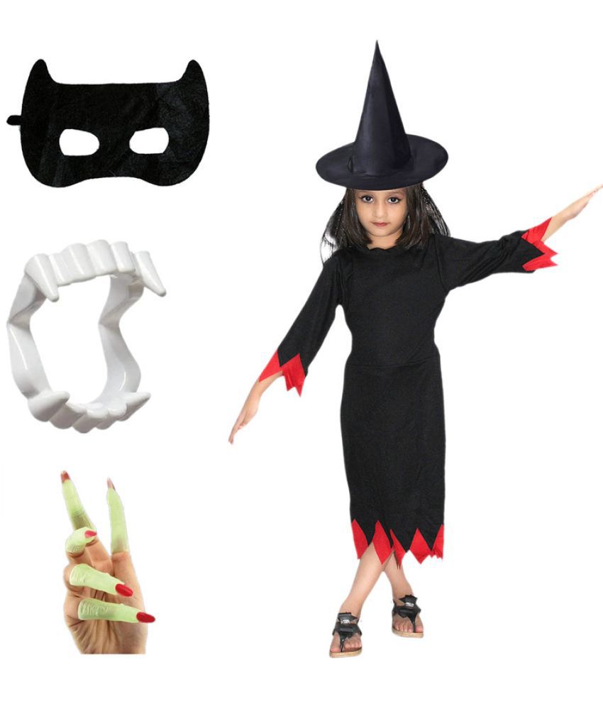     			Kaku Fancy Dresses Halloween Witch Costume With Hat, Teeth, Face Face & Long Nails For Kids