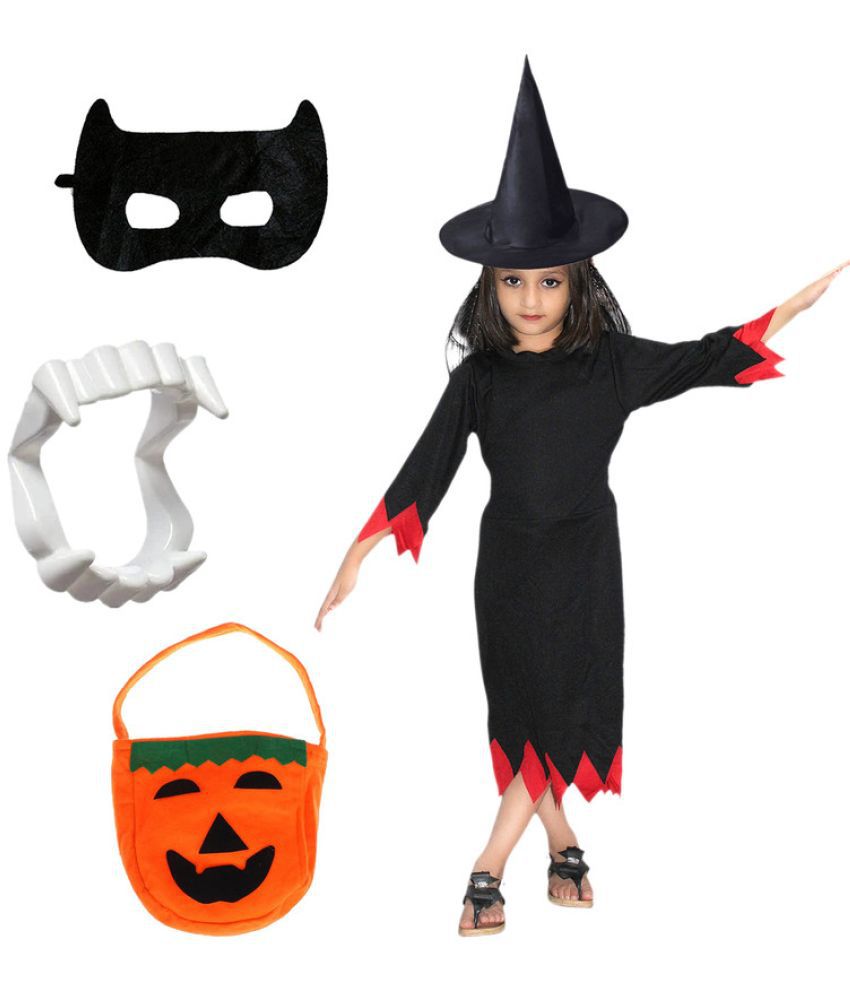     			Kaku Fancy Dresses Spooky Halloween Witch Costume With Hat, Teeth, Face & Pumpkin Bag Set For Kids