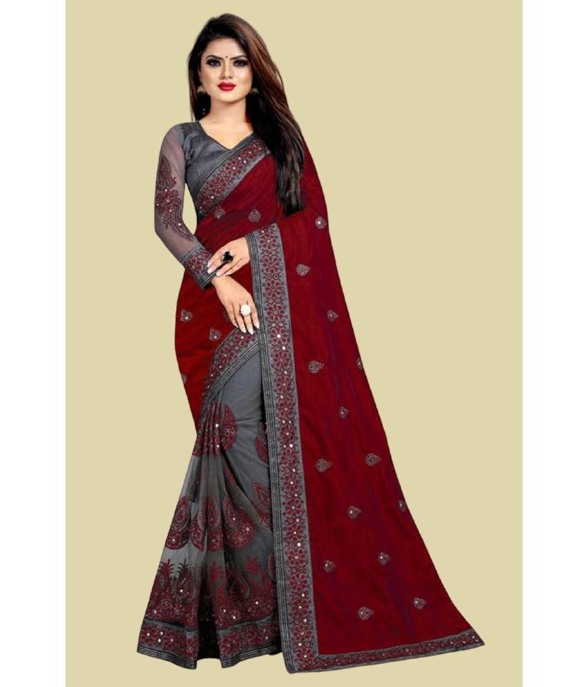     			Aika Silk Blend Embroidered Saree With Blouse Piece - Maroon ( Pack of 1 )