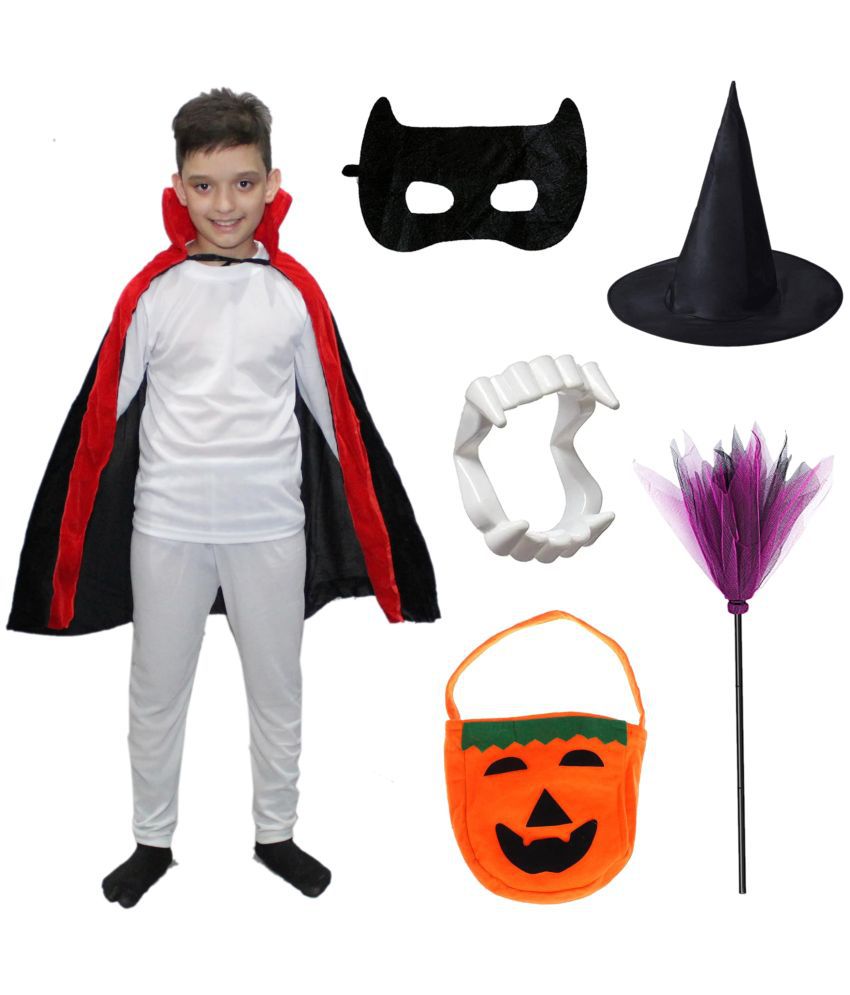     			Kaku Fancy Dresses Halloween Robe Cape with Devil Teeth, Eyepatch, Witch Hat, Broomstick and Candy Basket for Kids Halloween Costume Set - 14-17 Years