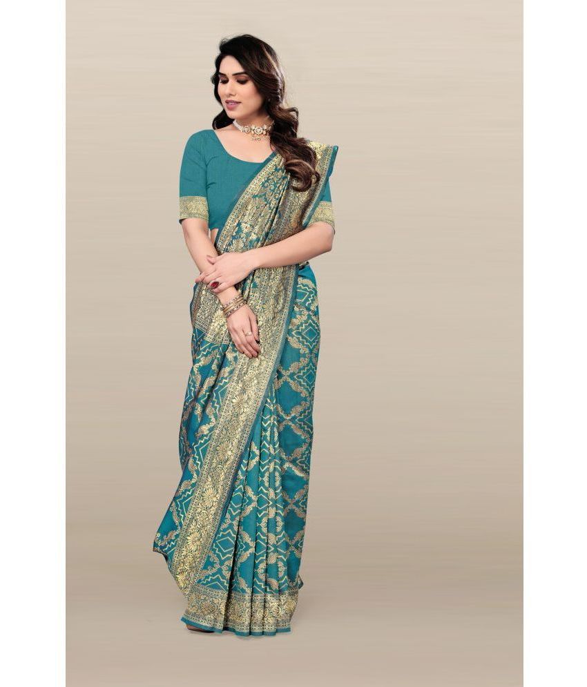     			Om Shantam Sarees Banarasi Silk Embellished Saree With Blouse Piece - Turquoise ( Pack of 1 )
