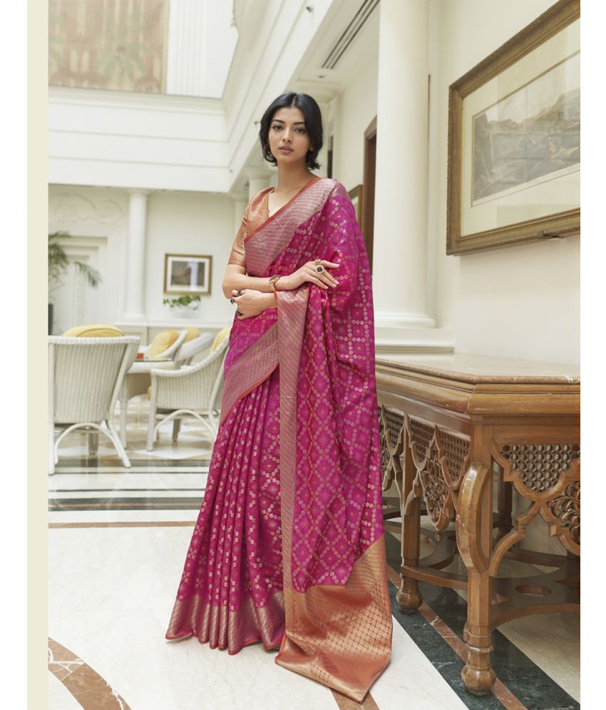     			Rangita Women Zari Work Woven Banarasi Silk Saree with Blouse Piece - Pink