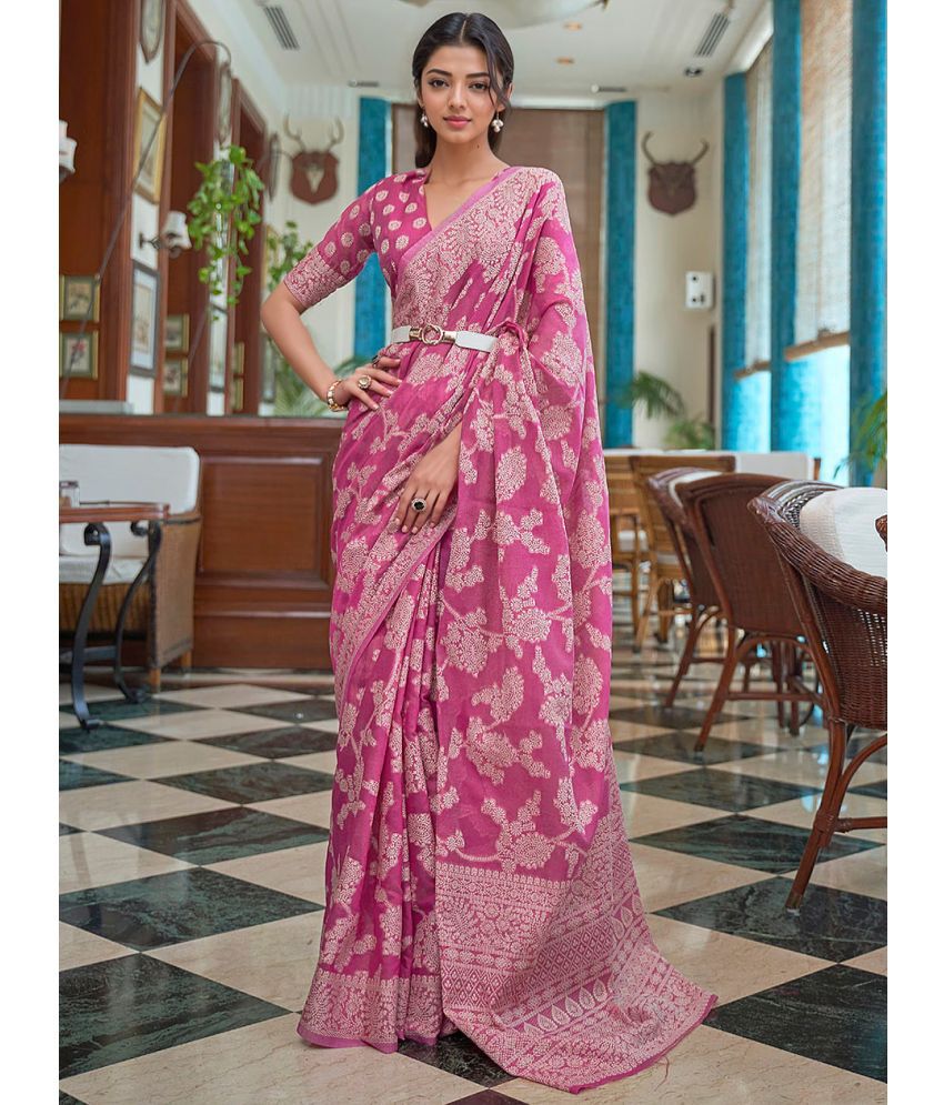     			Rangita Women Ethnic Motifs Embroidered Cotton Blend Saree with Blouse Piece - Pink