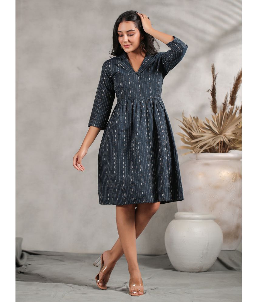     			Anubhutee Cotton Printed Knee Length Women's Fit & Flare Dress - Navy Blue ( Pack of 1 )