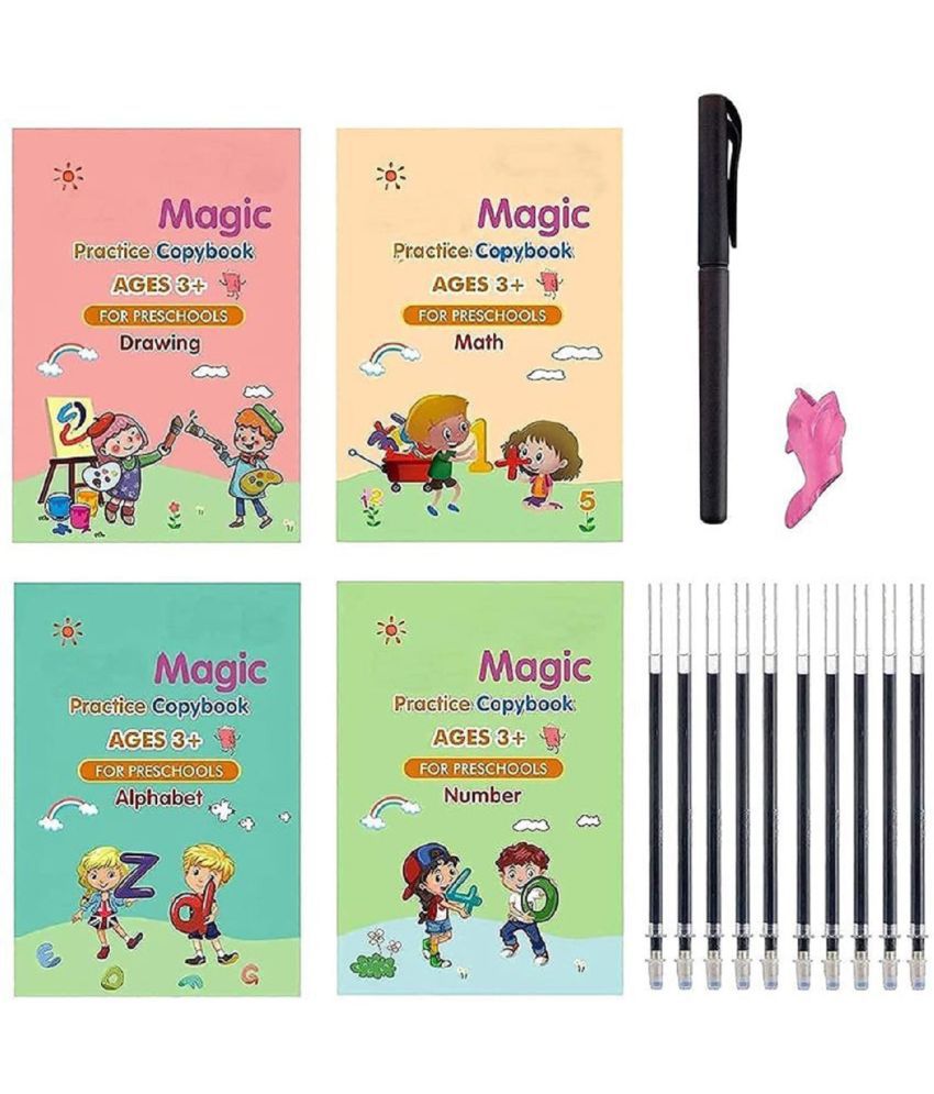     			Sank English Magic Practice Copybook, (4 BOOK + 10 REFILL+ 1 Pen +1Grip) Number Tracing Book for Preschoolers with Pen, Magic Calligraphy Copybook Set Practical Reusable Writing Tool Simple Hand Lettering