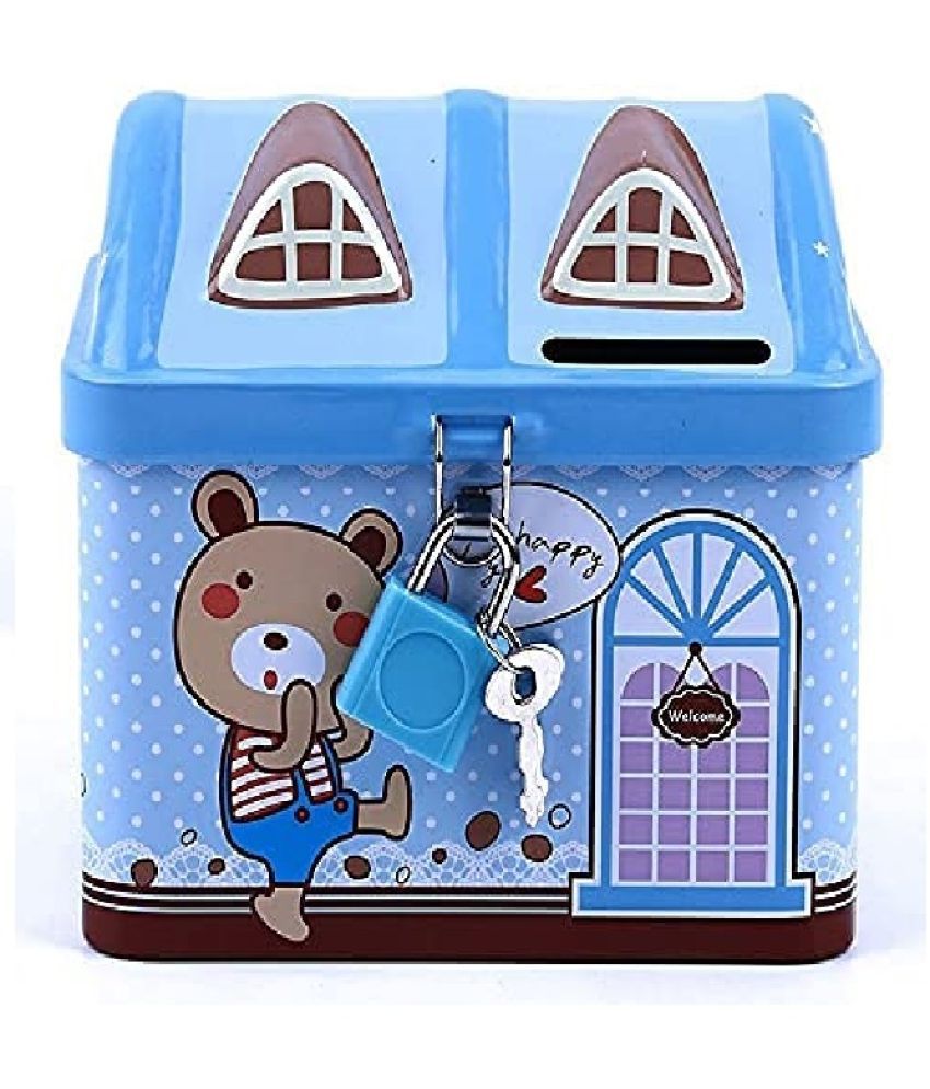     			Shape Unicorn Printed Metal Coin Bank Piggy Bank for Kids with Lock(Blue)