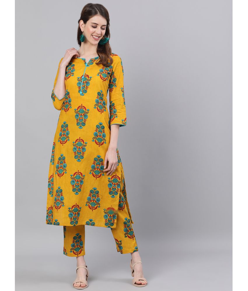     			Antaran Cotton Printed Kurti With Pants Women's Stitched Salwar Suit - Yellow ( Pack of 1 )