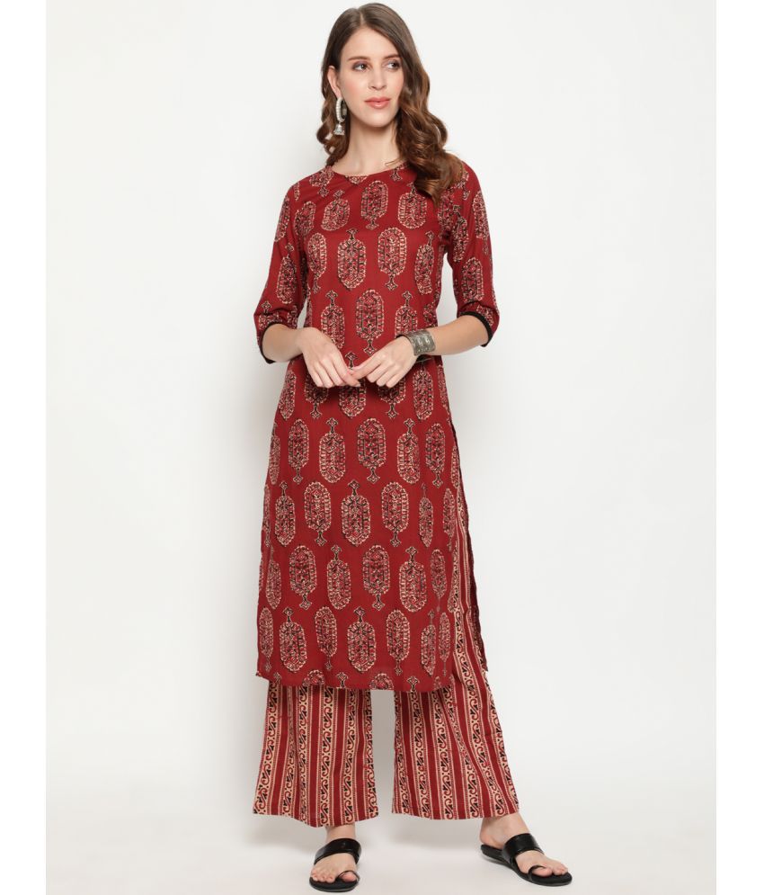     			Antaran Cotton Printed Kurti With Palazzo Women's Stitched Salwar Suit - Red ( Pack of 1 )