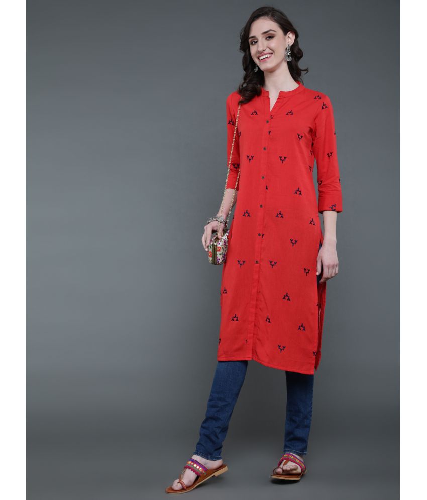     			Antaran Cotton Printed Straight Women's Kurti - Red ( Pack of 1 )